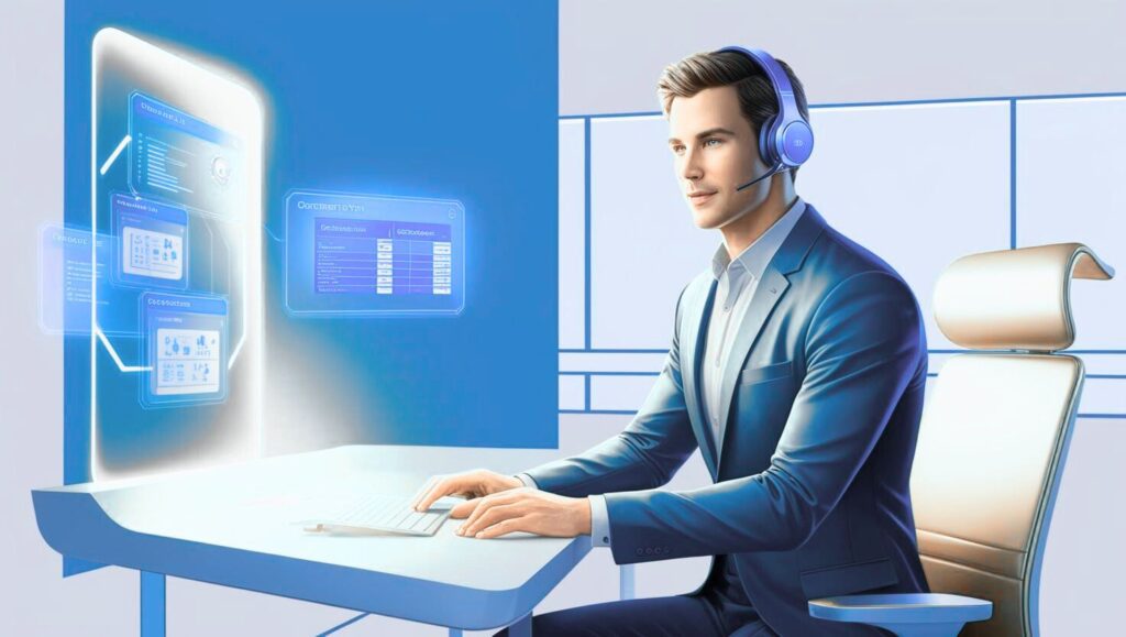 Ein Mann im Anzug sitzt mit einem Headset an einem modernen Schreibtisch, interagiert mit schwebenden digitalen Bildschirmen, auf denen Diagramme und Daten angezeigt werden, und feiert die Customer Service Week in einer futuristischen Büroumgebung. - RUF Beratung - Ihre Contact Center Berater